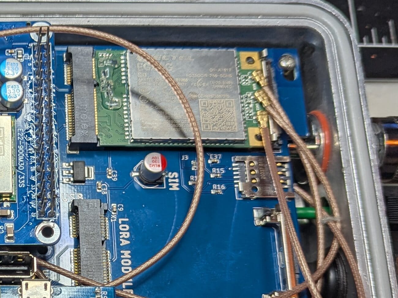 The Quectel EG25-G Mini PCIe modem installed in the Nebra, with the SIM slot below it.