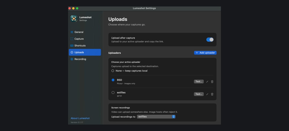 Lumeshot Uploads settings, with Picsur and SFTP destinations configured