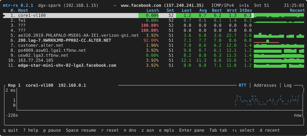 mtr-rs terminal UI showing a live hop-by-hop trace with per-hop loss and latency